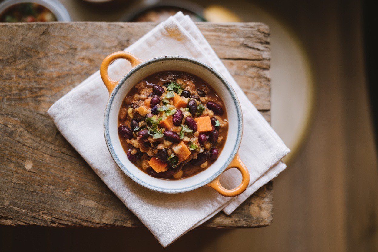 Thick, richly colored black bean and sweet potato chili in a white bowl topped with sliced avocado and cilantro