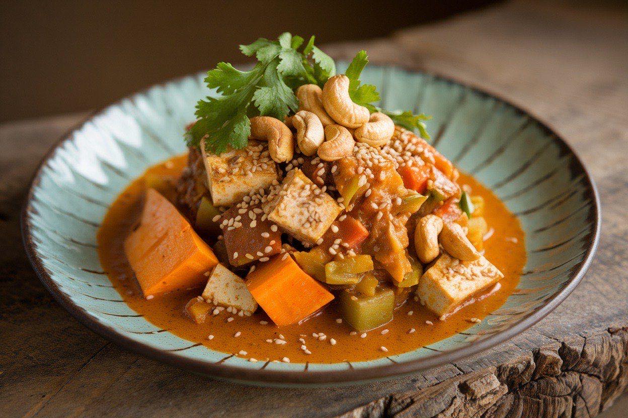 Rich orange-red Thai curry with chunks of sweet potato and chickpeas in a coconut milk sauce, garnished with fresh basil