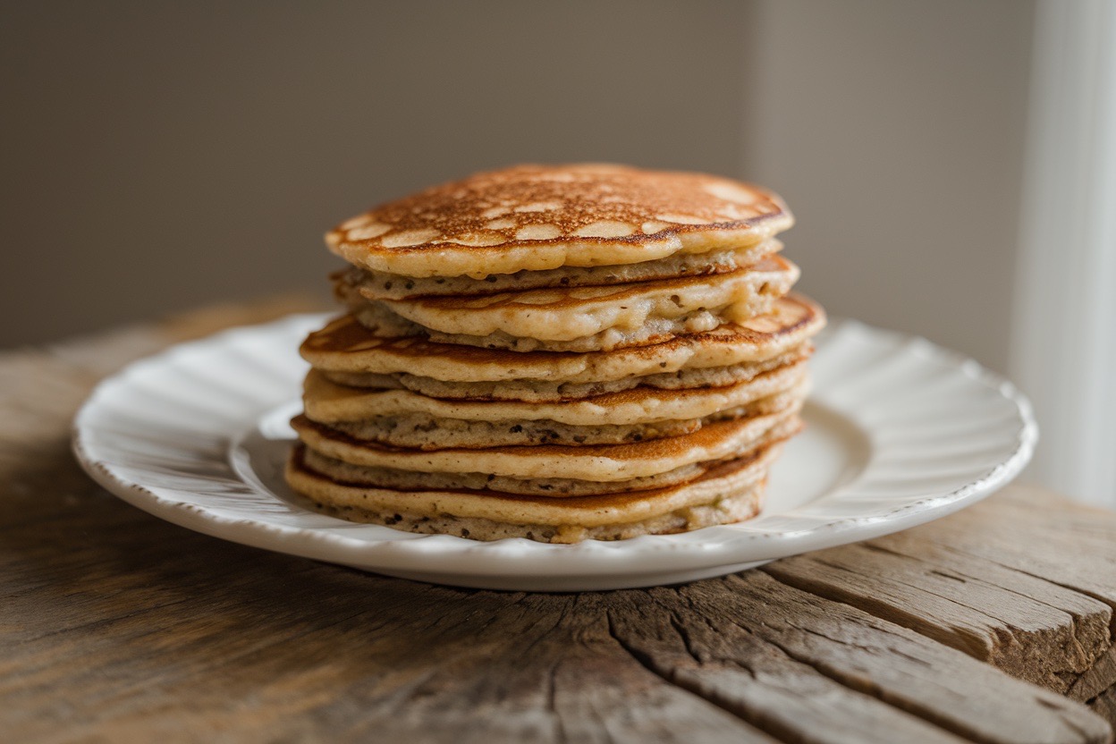 Stack of golden-brown lentil banana pancakes with sliced banana on top and maple syrup drizzle