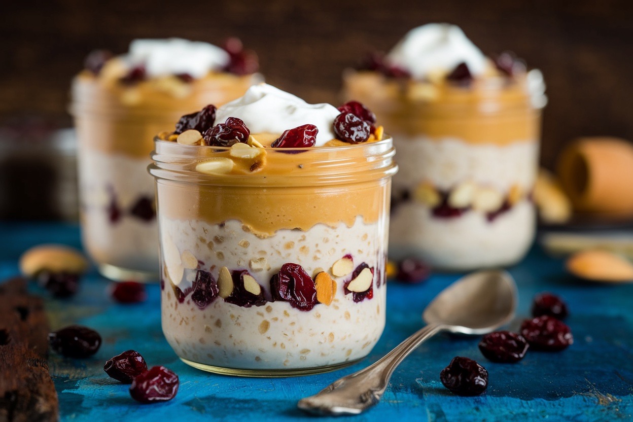 Glass jar of creamy peanut butter overnight oats topped with banana slices and a drizzle of peanut butter