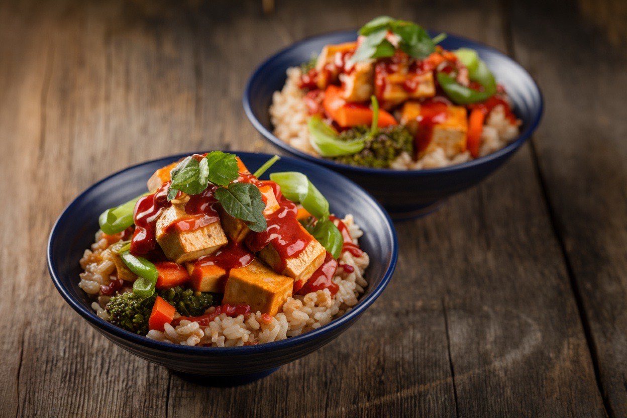 Colorful meal-prep bowl with crispy glazed tofu cubes, jasmine rice, shredded cabbage, and julienned carrots