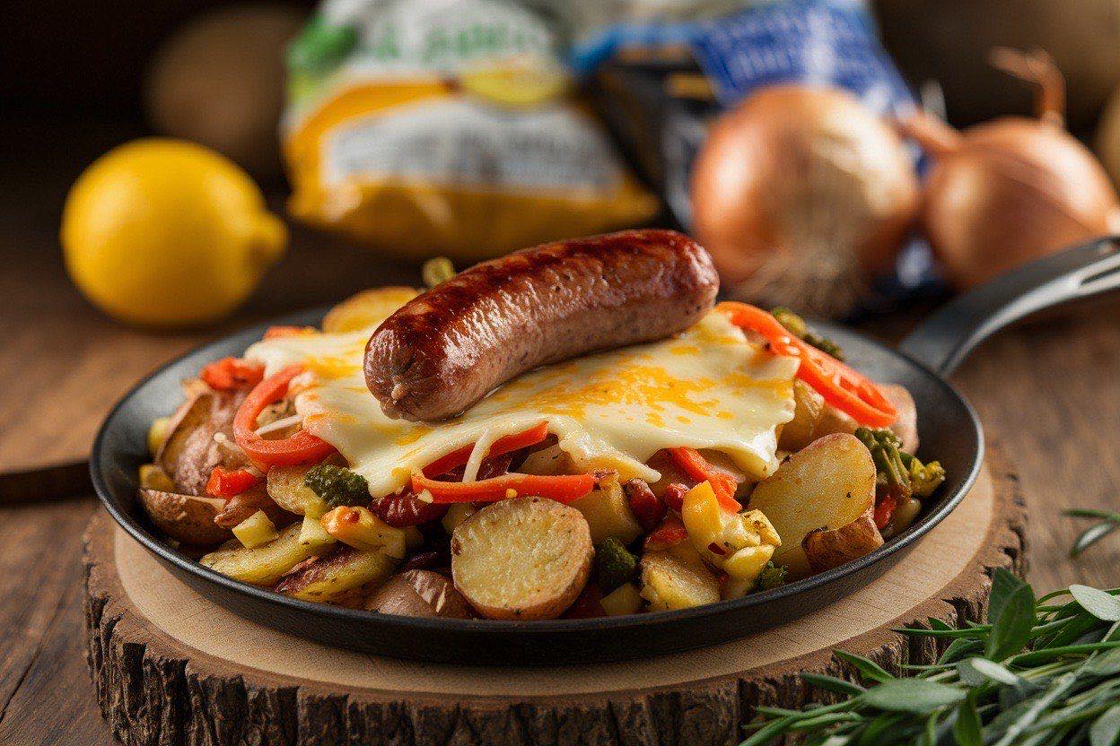 Sizzling one-pan breakfast hash with golden potatoes, crumbled sausage, and colorful peppers