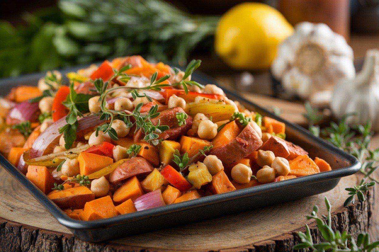 Colorful sheet pan hash with roasted sweet potatoes, red bell peppers, and onions