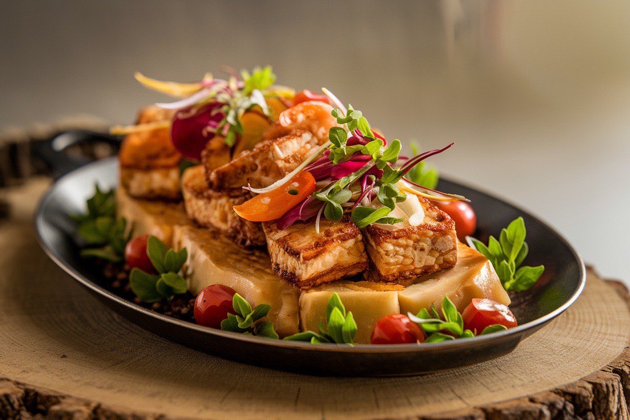 Crispy golden tofu cubes alongside colorful roasted broccoli, bell pepper, and snap peas