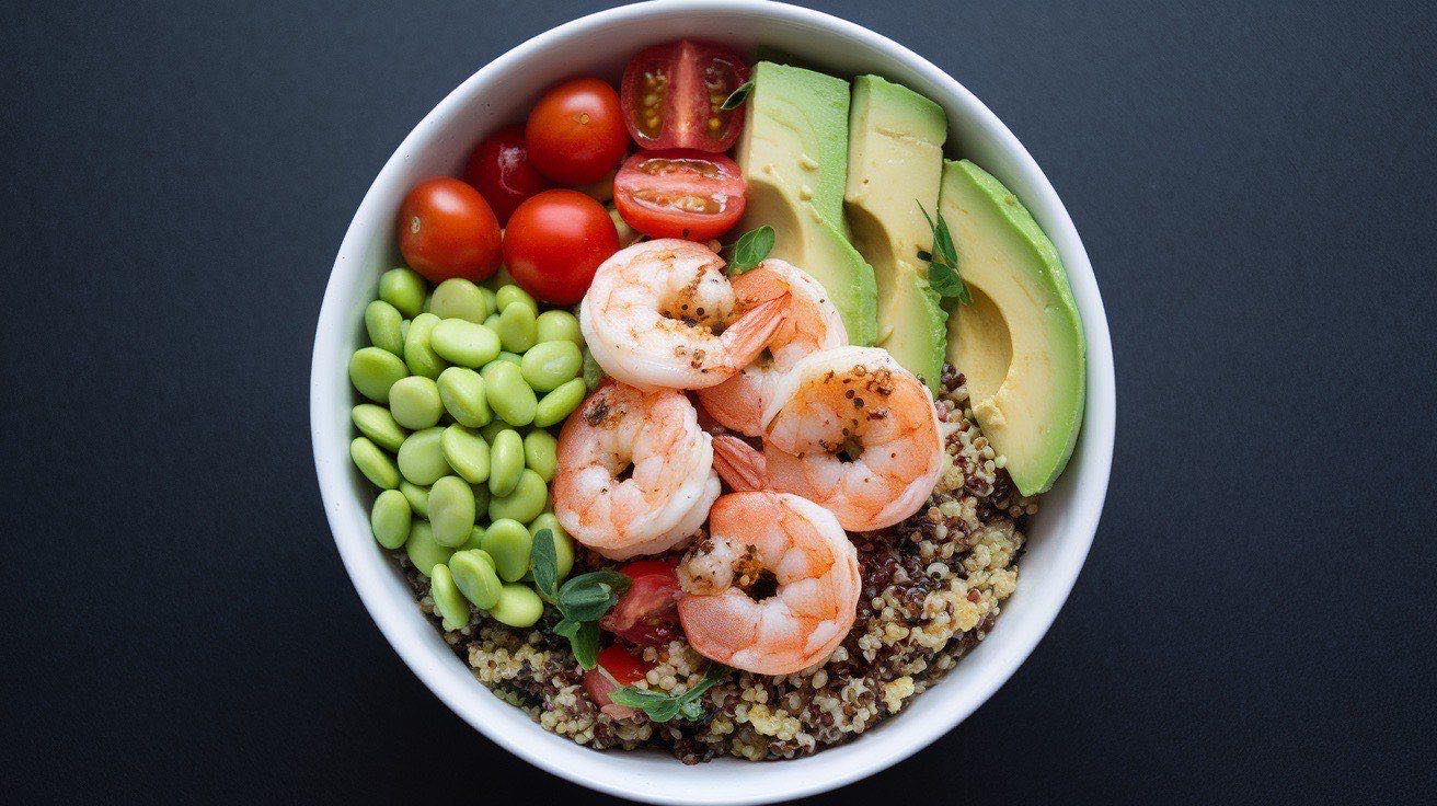 Colorful power bowl with garlic butter shrimp over fluffy quinoa, bright green avocado slices, roasted red peppers, and baby arugula