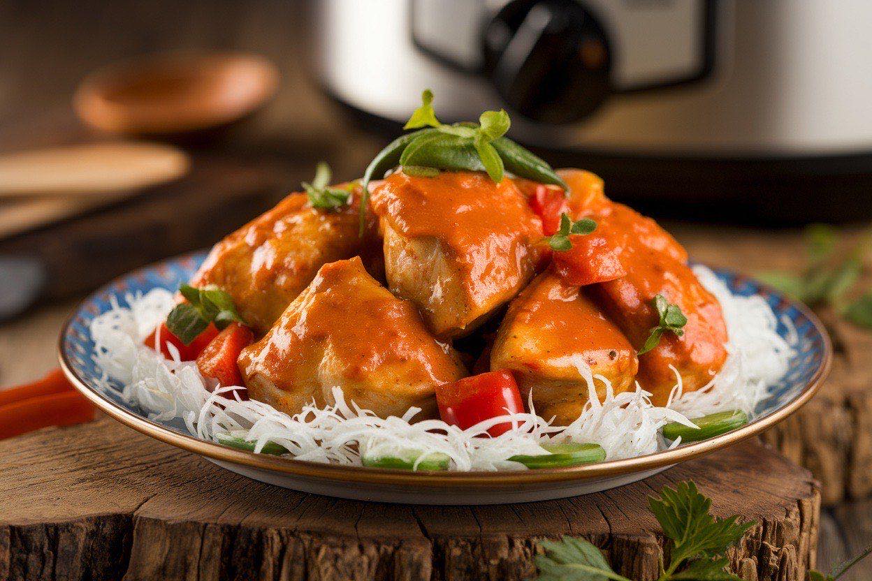 Creamy orange tikka masala sauce with tender chicken pieces served over white basmati rice